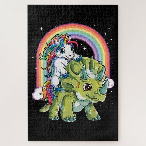 Unicorn Riding Dinosaur Triceratops Rainbow Jigsaw Puzzle