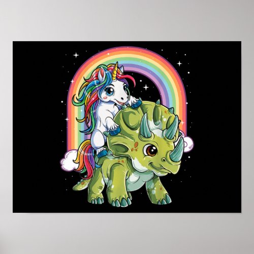 Unicorn Riding Dinosaur Triceratops Rainbow Poster