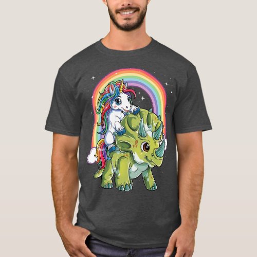 Unicorn Riding Dinosaur  Triceratops Rainbow T_Shirt