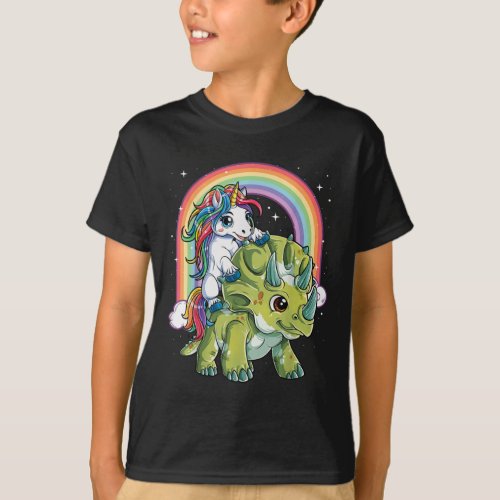 Unicorn Riding Dinosaur Triceratops Rainbow T_Shirt