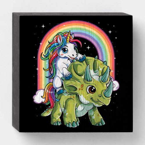 Unicorn Riding Dinosaur Triceratops Rainbow Wooden Box Sign