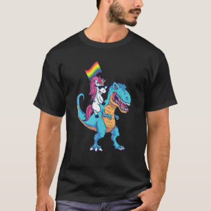 Unicorn Riding Dinosaur With Pride Flag Rainbow L T-Shirt