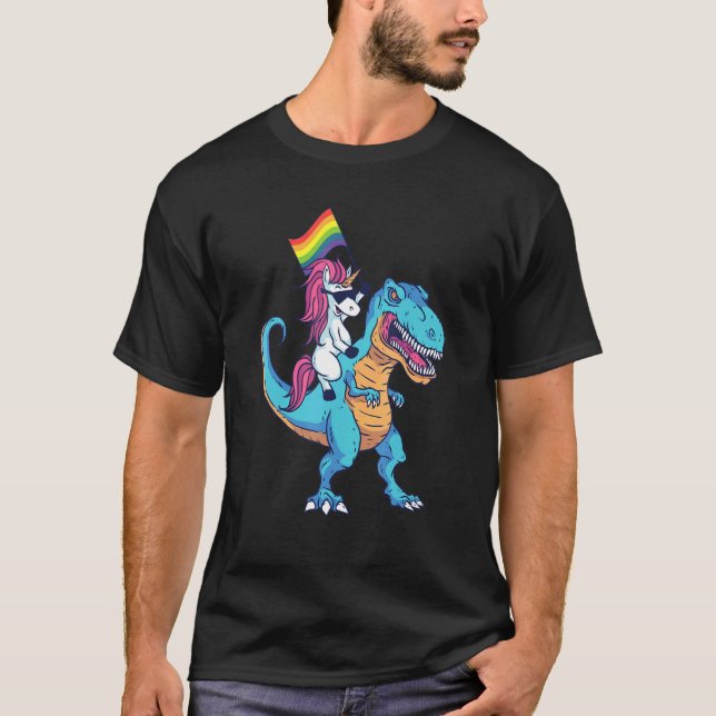 Unicorn Riding Dinosaur With Pride Flag Rainbow  L T-Shirt (Front)