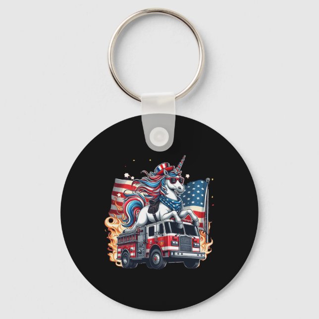 Unicorn Riding Fire Truck 4th Of July Boys Girls W Keychain (Front)
