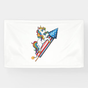 Unicorn Riding Fireworks American USA Flag 4th of Banner