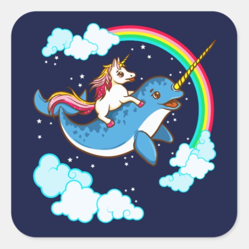 Unicorn Riding Narwhal Compact Square Sticker
