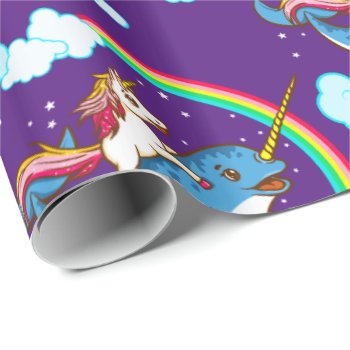 Unicorn Riding Narwhal Wrapping Paper by clonecire at Zazzle