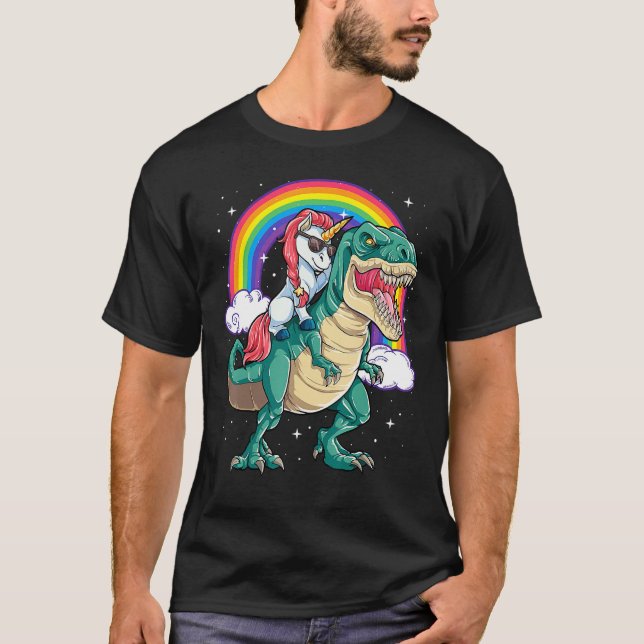 Unicorn Riding Rex Dinosaur Boys Girls Men Women R T-Shirt (Front)