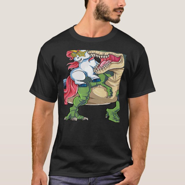 Unicorn Riding rex Dinosaur Rainbow Boys Girls Tee (Front)