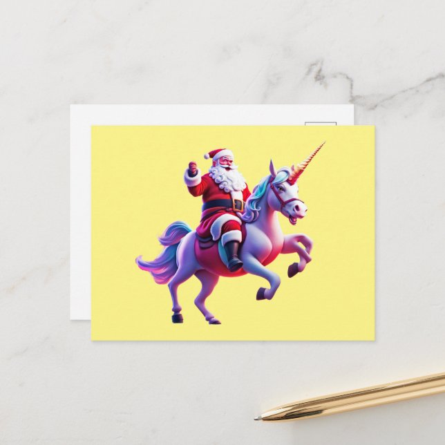 Unicorn Riding Santa Holiday Postcard (Front/Back In Situ)