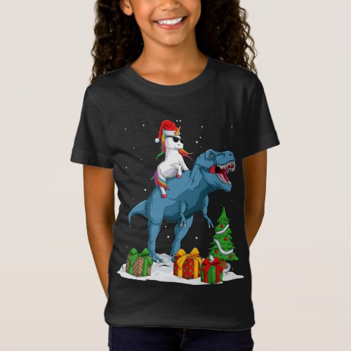Unicorn Riding T rex Christmas Dinosaur Boys Girls T_Shirt