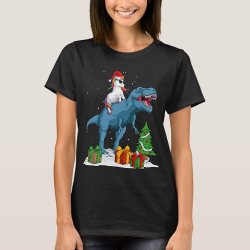 Unicorn Riding T rex Christmas Dinosaur Boys Girls T_Shirt