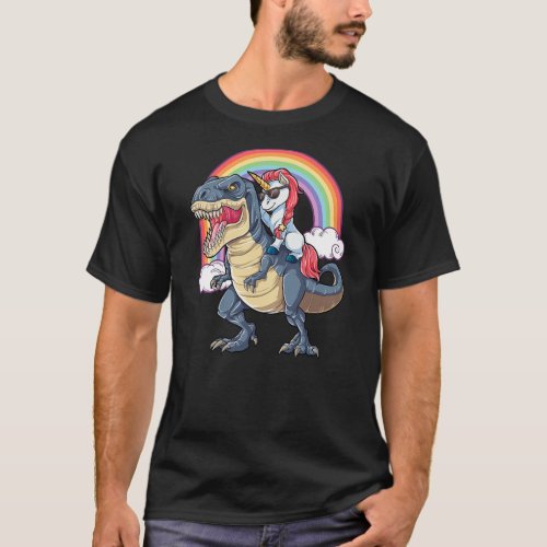 Unicorn Riding T Rex Dinosaur Boys Girls Kids T_Shirt