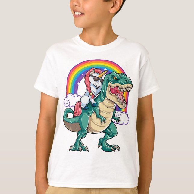 Unicorn Riding T rex Dinosaur Boys Girls Men Women T-Shirt (Front)