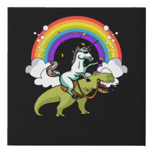 Unicorn Riding T-Rex Dinosaur Magical Rainbow Faux Canvas Print
