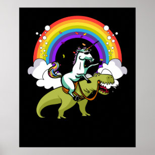 Unicorn Riding T-Rex Dinosaur Magical Rainbow Poster