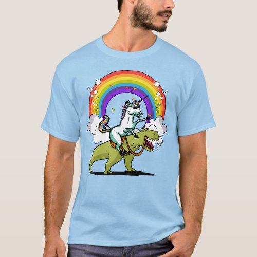 Unicorn Riding T_Rex Dinosaur Magical Rainbow T_Shirt