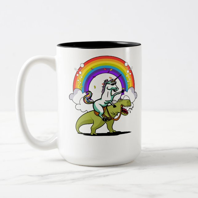 Unicorn Riding T-Rex Dinosaur Magical Rainbow Two-Tone Coffee Mug (Left)