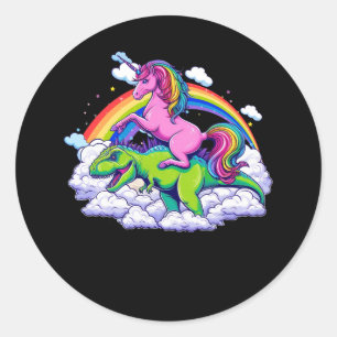 Unicorn Riding T Rex Dinosaur Rainbow Graphic Nove Classic Round Sticker