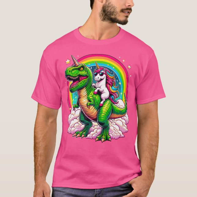 Unicorn Riding T-Rex Dinosaur Rainbow T-Shirt (Front)