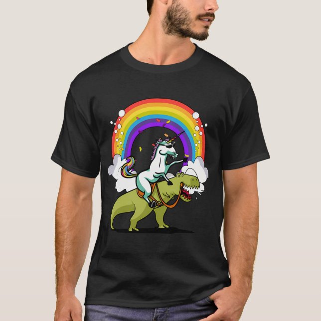 Unicorn Riding T-Rex Dinosaur T-Shirt (Front)