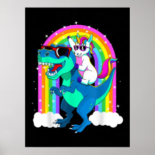 Unicorn Riding Trex Dinosaur Gift Girls Boys Kids Poster