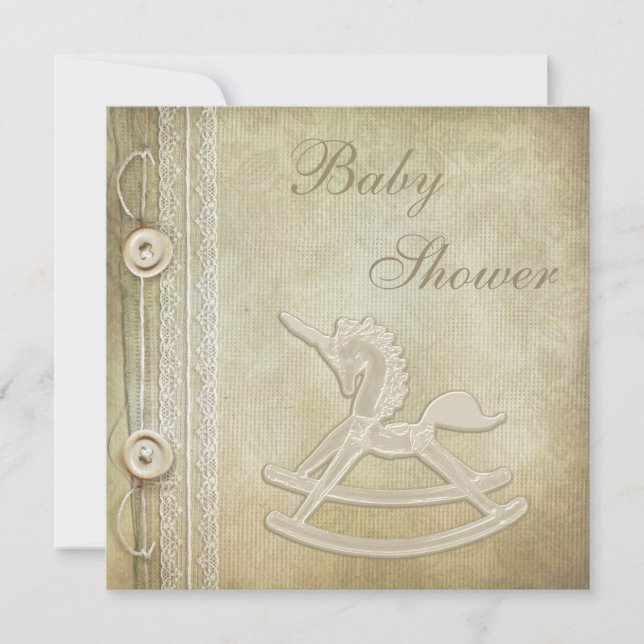 Unicorn Rocking Horse & Lace Neutral Baby Shower Invitation (Front)