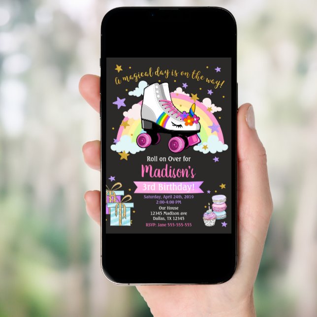 Unicorn Roller Skate Birthday Invitation (Front Digital)