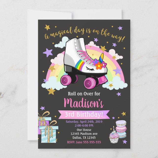 Unicorn Roller Skate Birthday Invitation (Front)