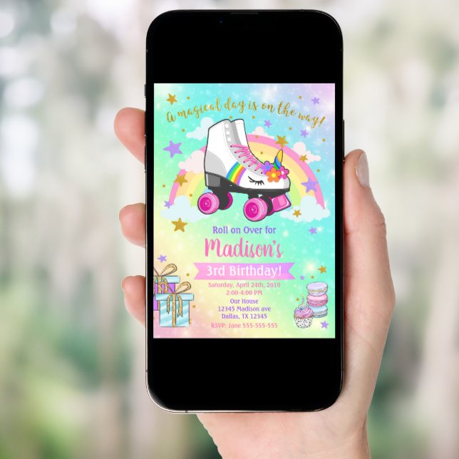 Unicorn Roller Skate Birthday Invitation (Front Digital)