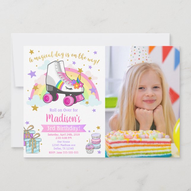 Unicorn Roller Skate Birthday Invitation (Front)