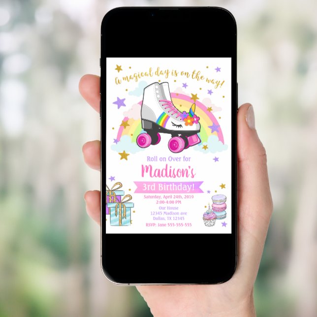 Unicorn Roller Skate Birthday Invitation (Front Digital)