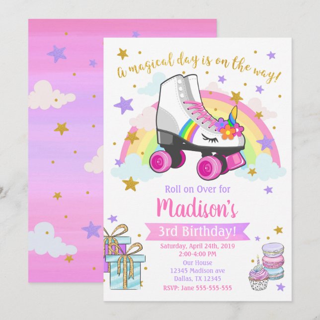Unicorn Roller Skate Birthday Invitation (Front/Back)