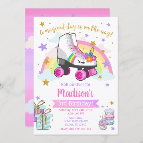 Unicorn Roller Skate Birthday Invitation