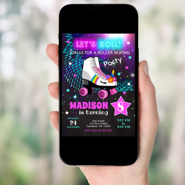 Unicorn Roller Skating Birthday Party Invitation (Front Digital)