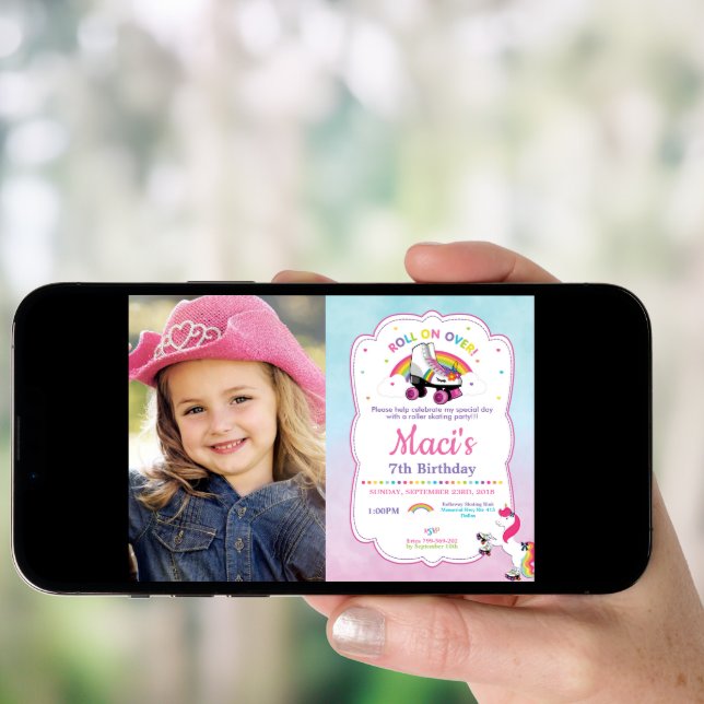 Unicorn Roller Skating Birthday Party Photo Invitation (Front Digital)
