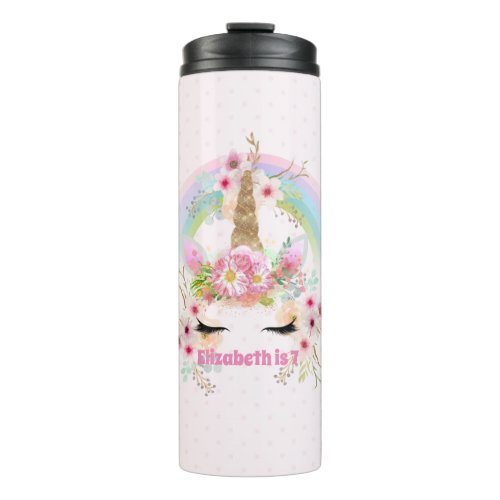 Unicorn Room Decor Pink Gold Rainbow Flowers Named Thermal Tumbler