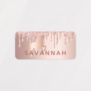 Unicorn rose gold blush glitter drips name labels