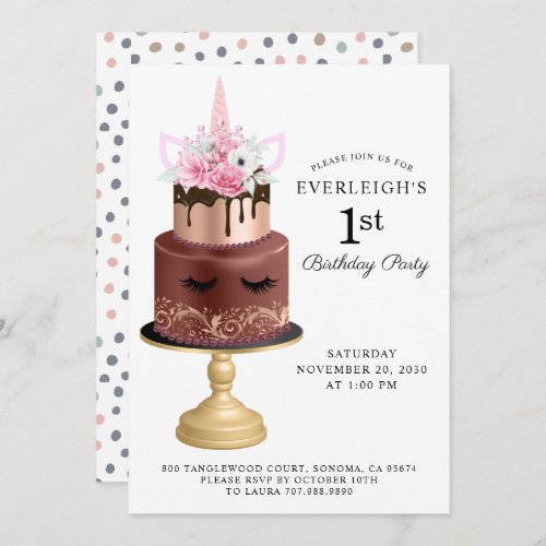 Unicorn Rose Gold Chocolate Cake 1st Birthday  Invitation