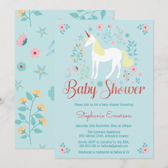 Unicorn Rose Gold Glitter Baby Shower Invitation (Front/Back)