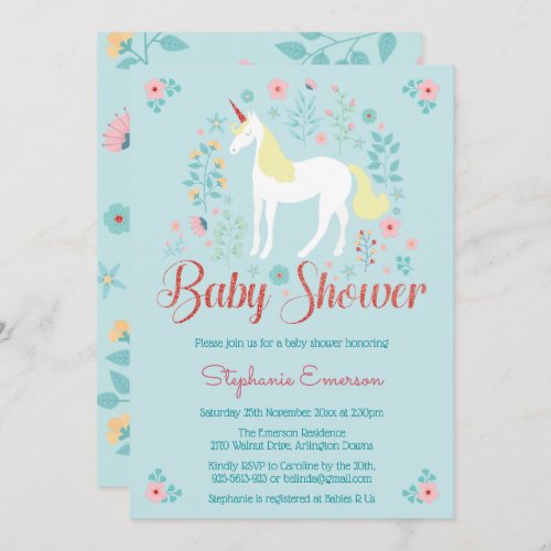 Unicorn Rose Gold Glitter Baby Shower Invitation