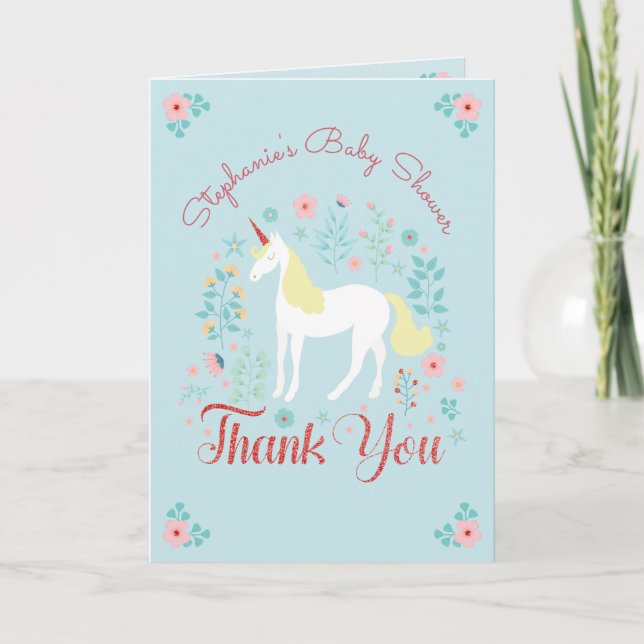 Unicorn Rose Gold Glitter Baby Shower Thank You (Front)