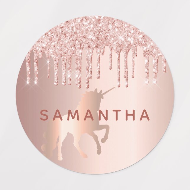 Unicorn rose gold glitter drips pink custom name labels (Design 1)