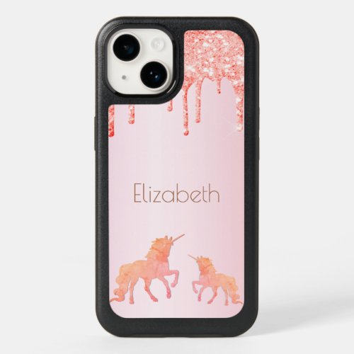 Unicorn rose gold glitter drips pink OtterBox iPhone 14 case