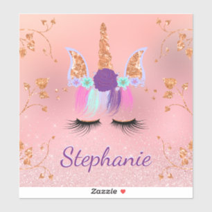 Unicorn Rose Gold Glitter Personalized Name Sticker