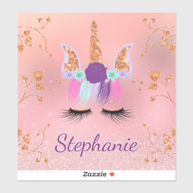 Unicorn Rose Gold Glitter Personalized Name Sticker (Sheet)