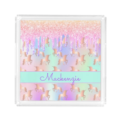 Unicorn rose gold glitter pink iridescent sparkle acrylic tray