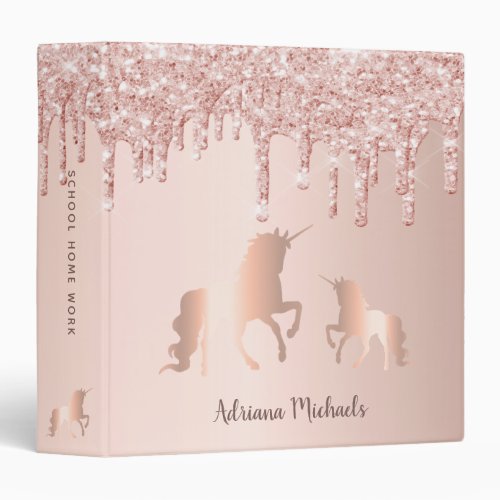 Unicorn rose gold glitter pink monogram glam 3 ring binder