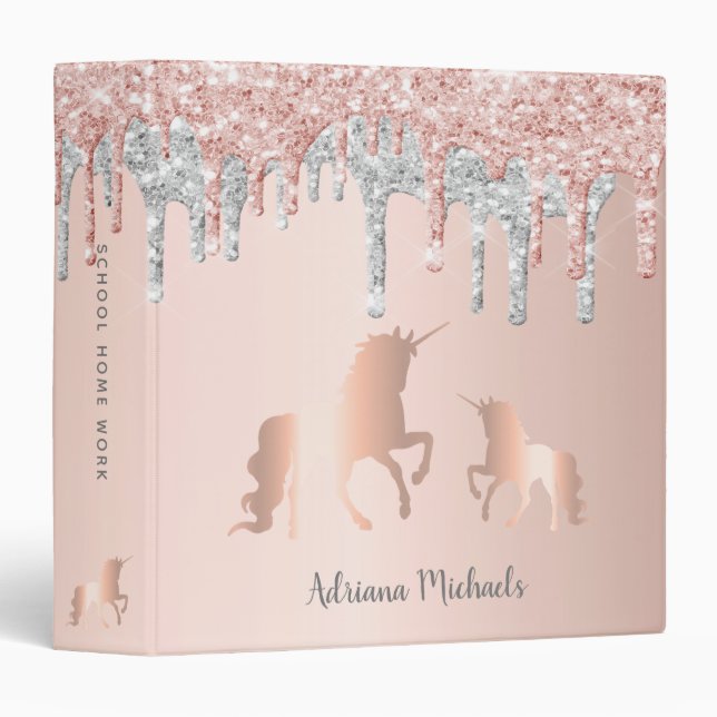 Unicorn rose gold glitter pink silver monogram 3 ring binder (Front/Spine)