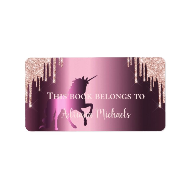 Unicorn rose gold glitter purple bookplate name (Front)
